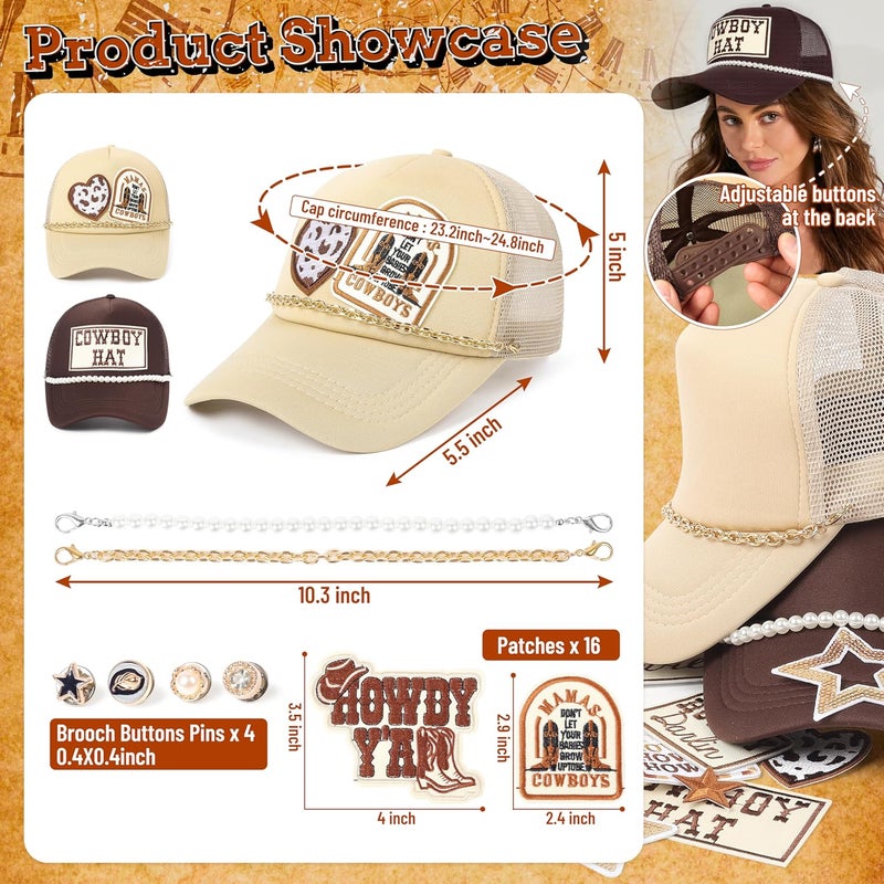 Meneng Western Trucker Hat for Cowboy: Men Women Adjustable Snapback Caps with 8pcs Embroidered Patches and a Chain - Image 5